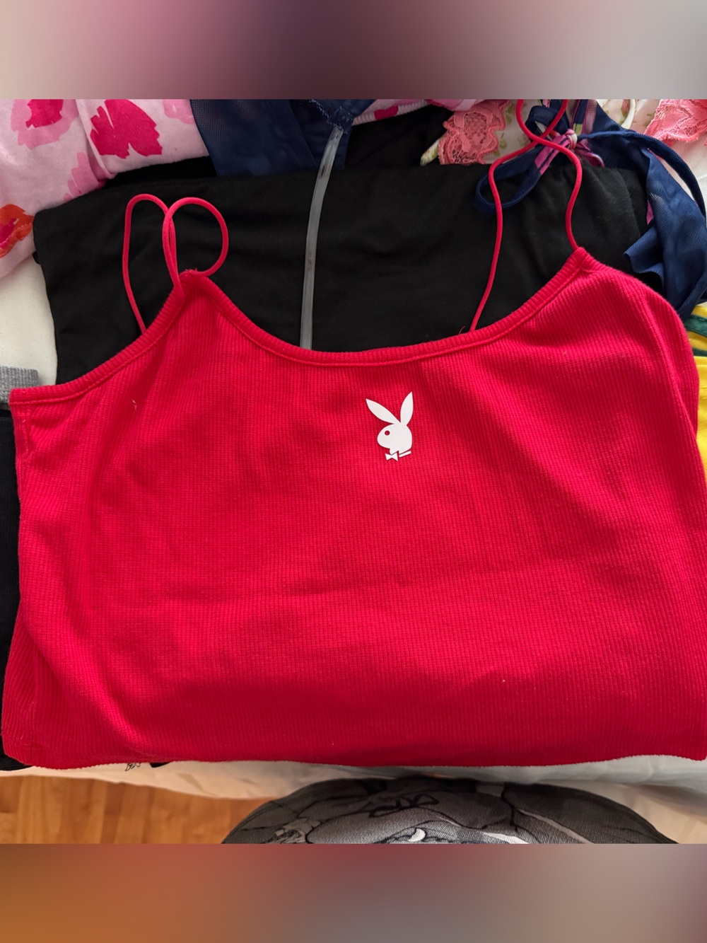 Playful Red Ribbed Crop Cami with Bunny Logo